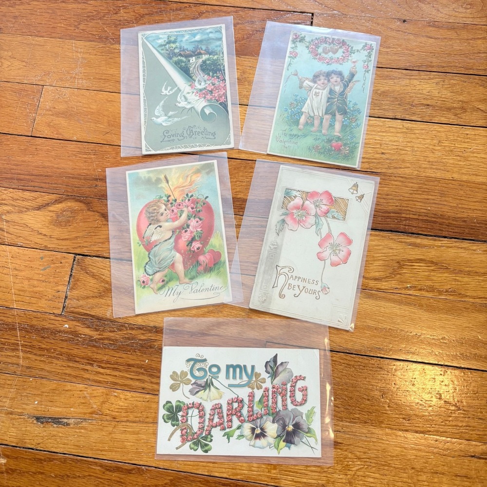Vintage Postcard Lot of 5 Valentine Greetings Floral Cherub Embossed